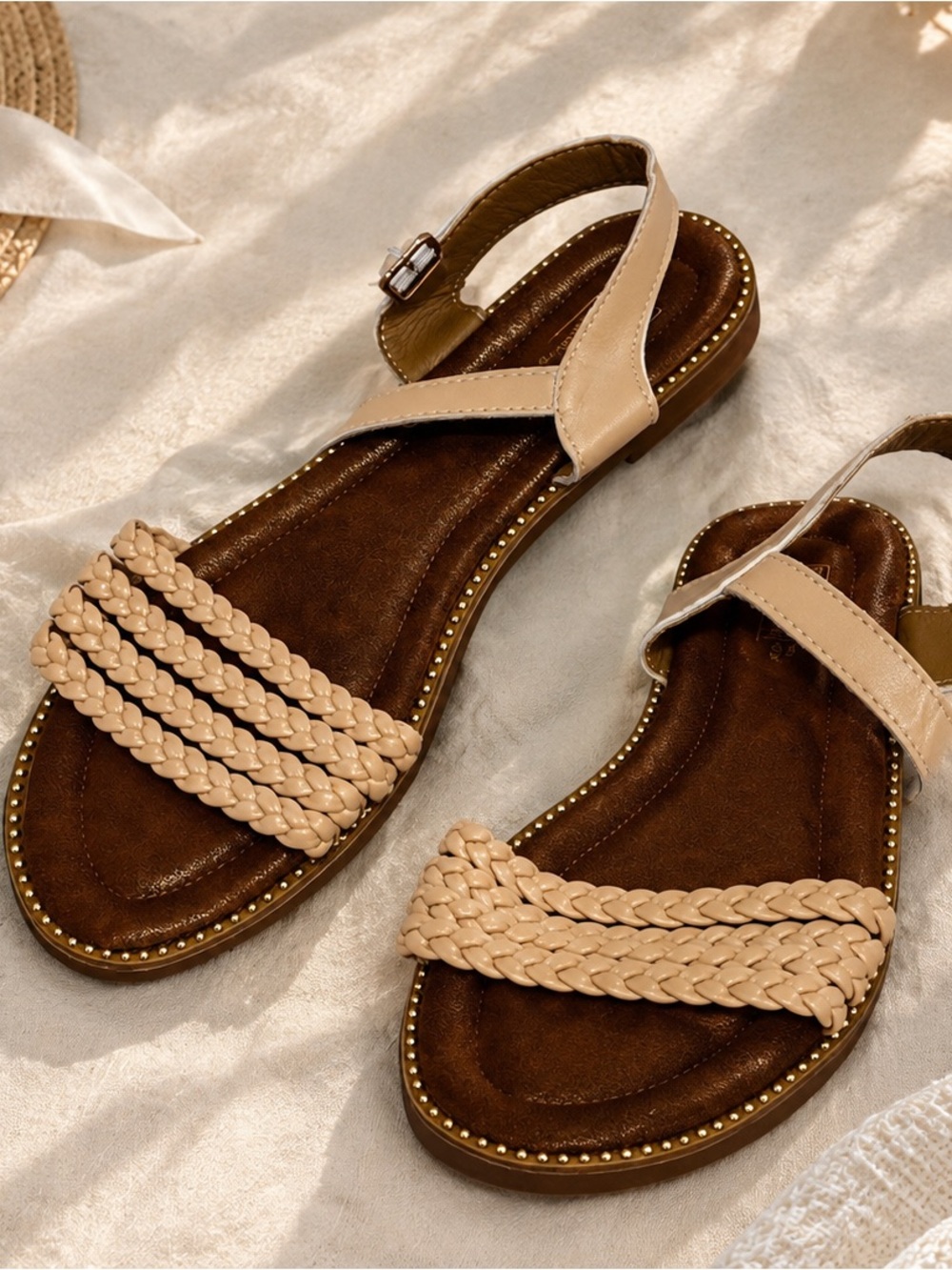 SHEIN Beige Braided Strap Sandals with Ankle Buckle